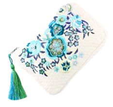 White Jaquard Cotton Floral Zip Top Clutch Purse Hand Embroidery