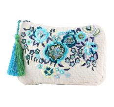 White Jaquard Cotton Floral Zip Top Clutch Purse Hand Embroidery