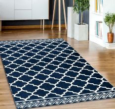 Blue Double Twisted Cotton Diamond Printed And Solid Rug