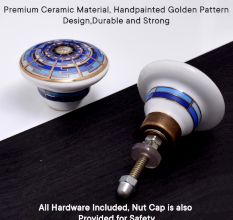 Blue Sapphire Hue Golden Pattern Ceramic Dresser Knobs