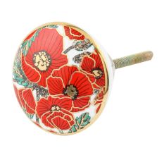 Red Poppy Flower Golden Ceramic Cabinet Knobs