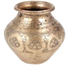 Brass Golden Pooja Lota Kalash Swastik Hand Engraved Design