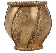 Brass Drum Shaped Flower Pot Engraved Striped Design And Patina Finish