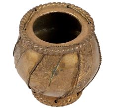 Brass Drum Shaped Flower Pot Engraved Striped Design And Patina Finish