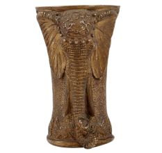 Handmade Brass Vase With Elephant Face Design And Brown Patina