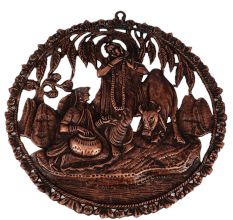 Round Copper Wall Hanging Of Radha Krishna With Cow