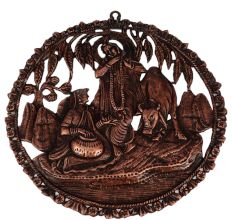 Round Copper Wall Hanging Of Radha Krishna With Cow