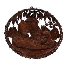 Round Copper Wall Hanging Of Radha Krishna With Cow