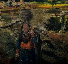 Canvas Painting Indian Village Women With Earthen Pot On Head