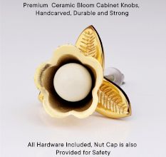 Golden Iron White Ceramic Bloom Cabinet Knobs