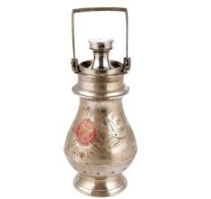 Carved Flower Brass Gangajal Pot In Silver Finish