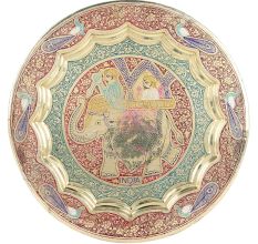 Red Meenakari Brass Wall Hanging Plate With King Elephant Rider Design