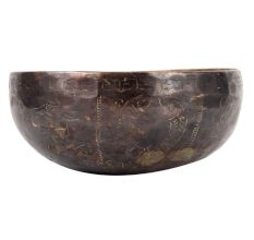 Brass Medium Bowl With Carved Images And Dark Finish