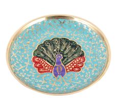 Blue Meenakari Brass Coaster With Peacock Design
