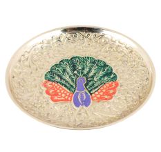 Twin Peacock Brass Meenakari Coaster With Silver Finish