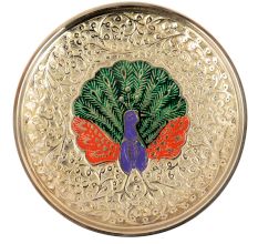 Twin Peacock Brass Meenakari Coaster With Silver Finish