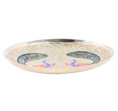 Brass Twin Peacock Design Coaster In Silver Finish
