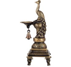 Brass Peacock Diya with Bell and Stand