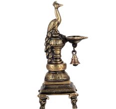 Brass Peacock Diya with Bell and Stand