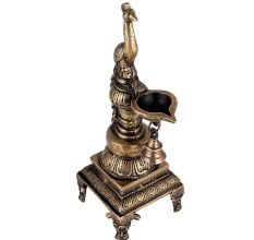 Brass Peacock Diya with Bell and Stand