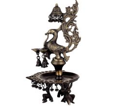 Peacock Design Oil Lamp Brass Diya With Many Bells