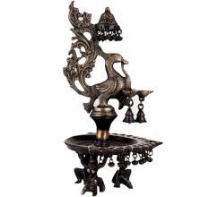 Peacock Design Oil Lamp Brass Diya With Many Bells