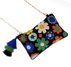 Black Floral Beaded Purse With Chain