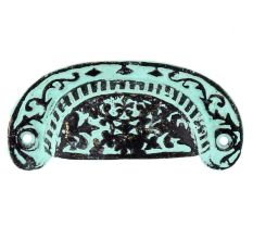 Aqua Green Distressed Floral D Pull Iron Handle