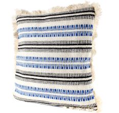 White Striped Woven Fringe Pillow Cover
