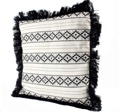 Black And White Cushion Cover With Blue Fringe On Border