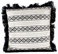 Black And White Cushion Cover With Blue Fringe On Border