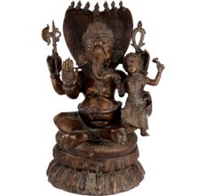 Brass Ganesha Statue With Sheshnag and Laxmi On His Lap