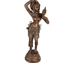 South Indian Brass Lady Looking Into Mirror Statue