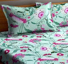 Green Floral Cotton 1 Double Queen Size Bedsheet With 2 Pillow Covers