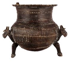 Brass Tribal Carved Planter On Horse Stand In Black Finish