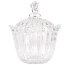 Glass Sugar Bowl With Lid Decorated With Reliefs