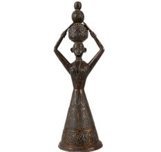 Brass Tribal Lady With Pots Statue In Black Finish