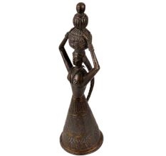 Brass Tribal Lady With Pots Statue In Black Finish