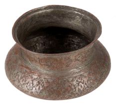 Old Copper Pot With Carved Floral Design And Dark Patina Finish