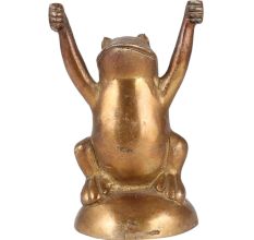 Brass Frog Figurine With Both Hands Raised Above Shoulders