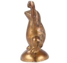 Brass Frog Figurine With Both Hands Raised Above Shoulders