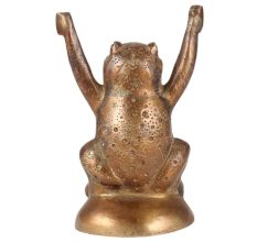 Brass Frog Figurine With Both Hands Raised Above Shoulders