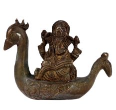 Brass Ganesha Statue On Peacock Boat Writing A book