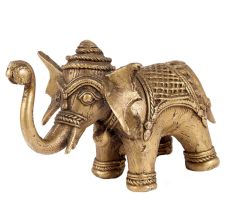 Brass Elephant Statue With intricate Carving Trunk Up
