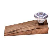 Blue and Golden Wheel Pattern Flat Ceramic Wooden Door Stopper