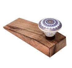 Blue and Golden Wheel Pattern Flat Ceramic Wooden Door Stopper
