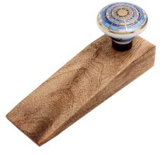 Blue Sapphire Hue Golden Pattern Ceramic Wooden Door Stopper