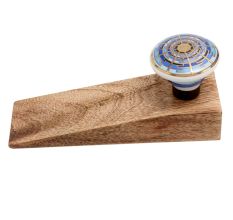 Blue Sapphire Hue Golden Pattern Ceramic Wooden Door Stopper