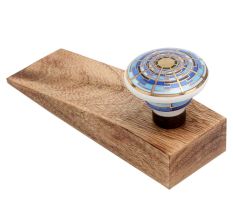Blue Sapphire Hue Golden Pattern Ceramic Wooden Door Stopper