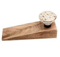 Cream and White Golden Checkerboard Ceramic Wooden Door Stopper